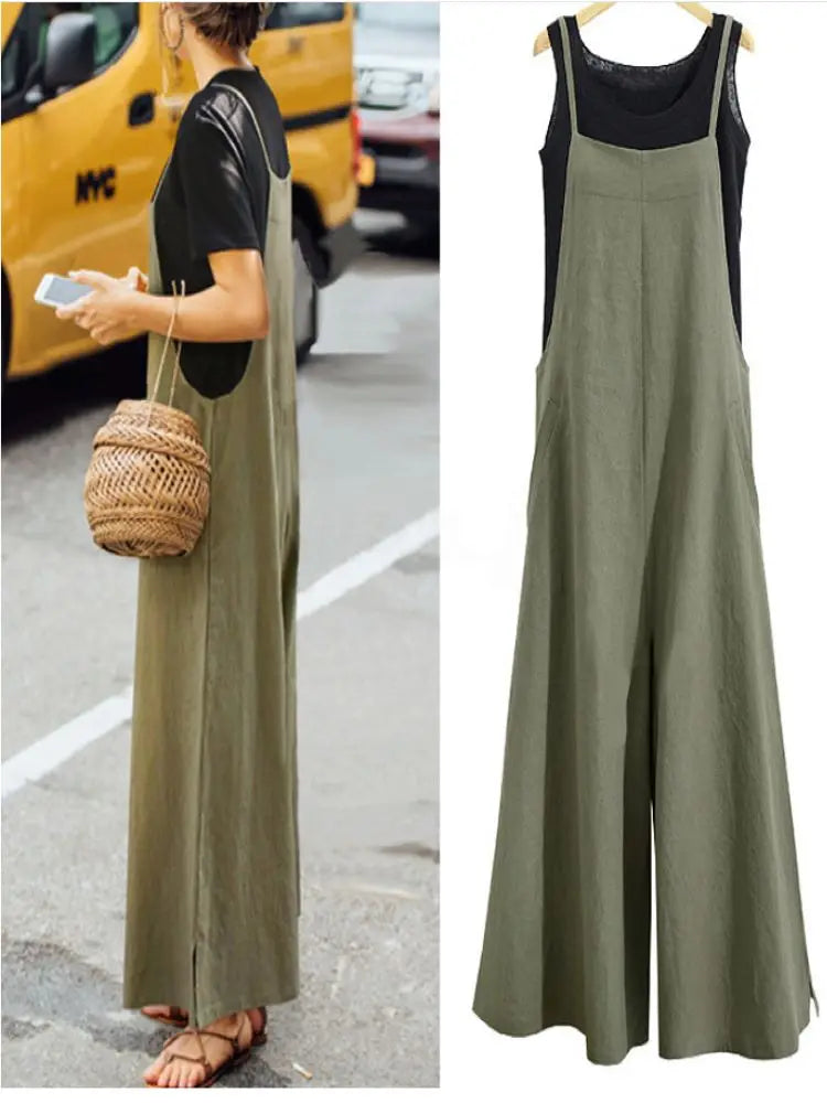 Sleeveless Jumpsuit Solid Color Wide Leg Bib Overalls Casual Loose Cotton Linen Straps Dungaree