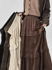 Fleece Midi Skirt Y2K Thick Ruffled Patchwork Casual Skirt Ladies High Waist Preppy A Line Skirt New