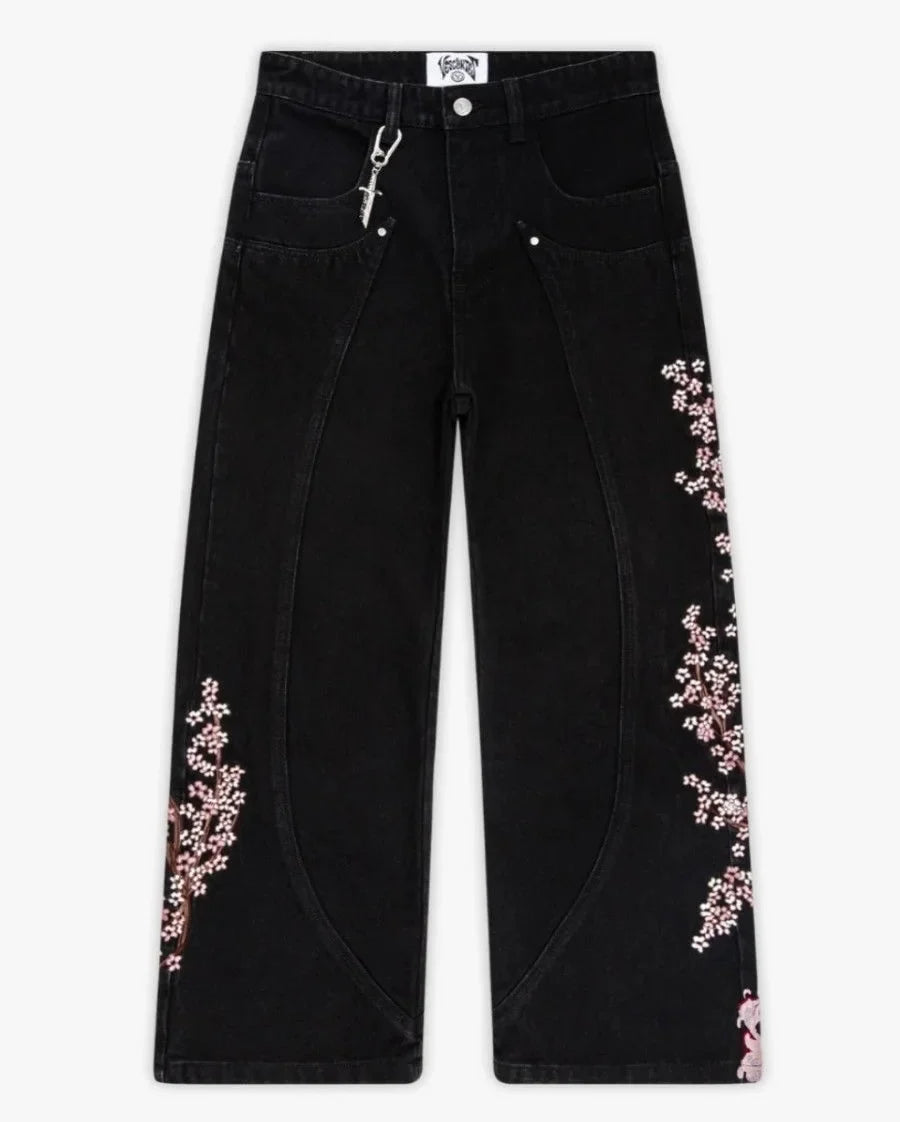 Hip Hop Cherry Blossom Embroidery Baggy Jeans Harajuku Wide Leg High Waisted Denim Pants Y2k Trend Jeans Clothing