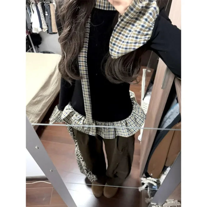 Retro American Style Plaid Long Sleeve T-Shirt Slim Fit Design Sensation Weight Loss Versatile Top Fake Two-Piece