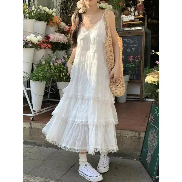 SweetAge-ReducingWhite French Style Tank Dress Loose Fit Long Dress