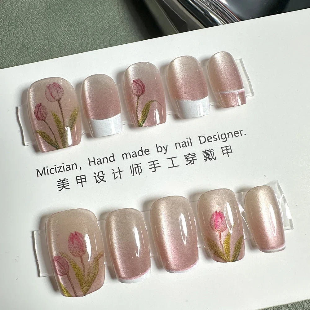 10Pcs Wearable Cat Eyes Series Short Square Press On Nails Kawaii Cartoon Cat Rabbit Rhinestone Gradients Full Cover False Nails