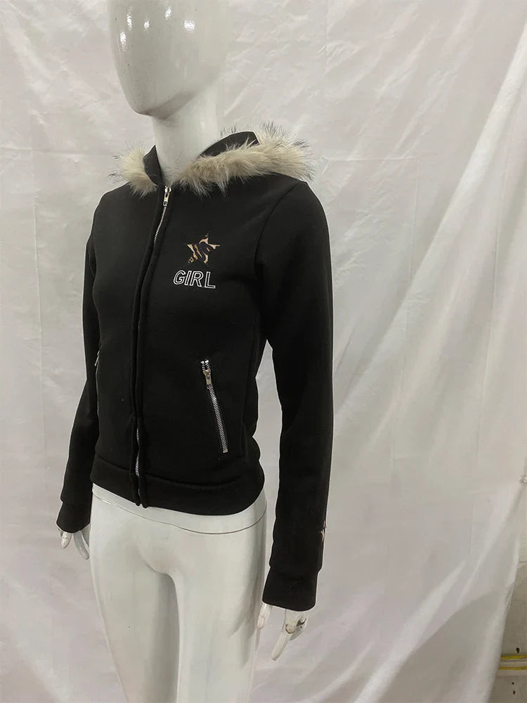 Vintage American Retro White Letter Hoodie Faux Fur Lined Zip Up Sweatshirt Cozy Pullover Streetwear new
