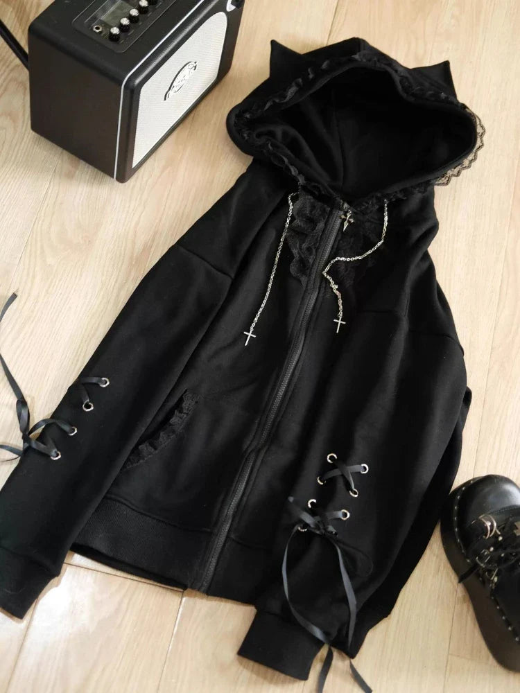 Gothic Subculture Black Lace Loose Hoodie Lovely Long Sleeve Hooded Coat Casual Warm Overcoat