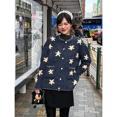 Vintage Star Knitted Cardigan Harajuku Print Sweater Outerwears Korean Long Sleeve Knitwears Ladies Casual Jumpers