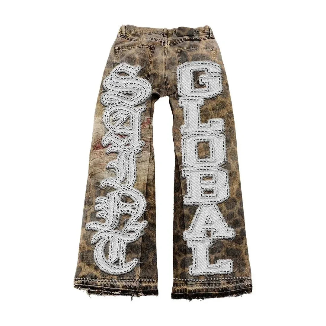 Streetwear Vintage Washed Jeans Y2K Clothing Hip Hop Alphabet Patch Embroidered Baggy Jeans Mid Rise Wide Leg Trousers