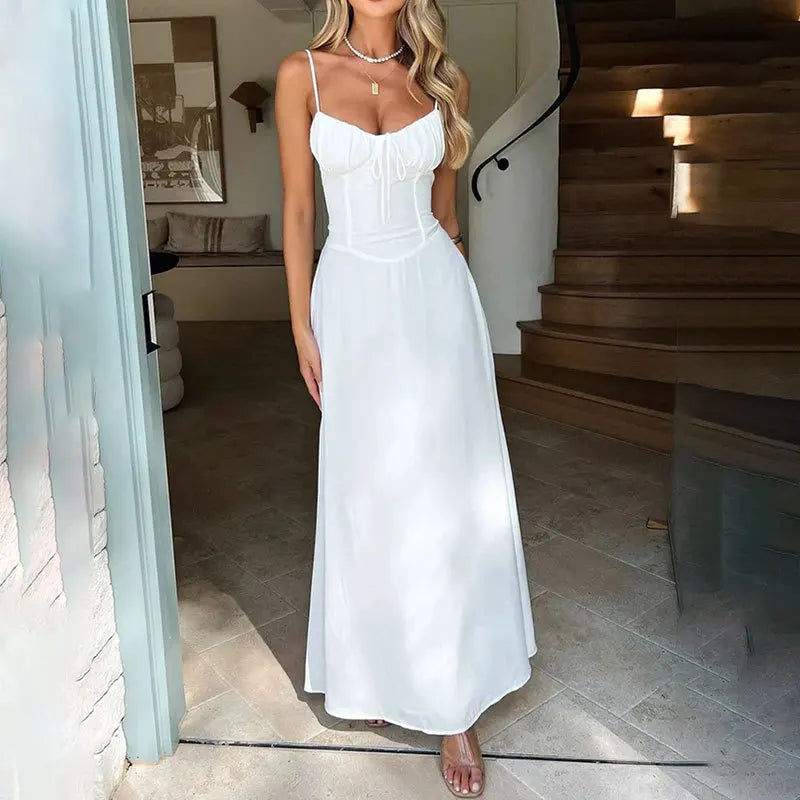 Solid Color Sleeveless Long Dress Casual Elegant A-Line Dresses Beach Vacation Spaghetti Strap