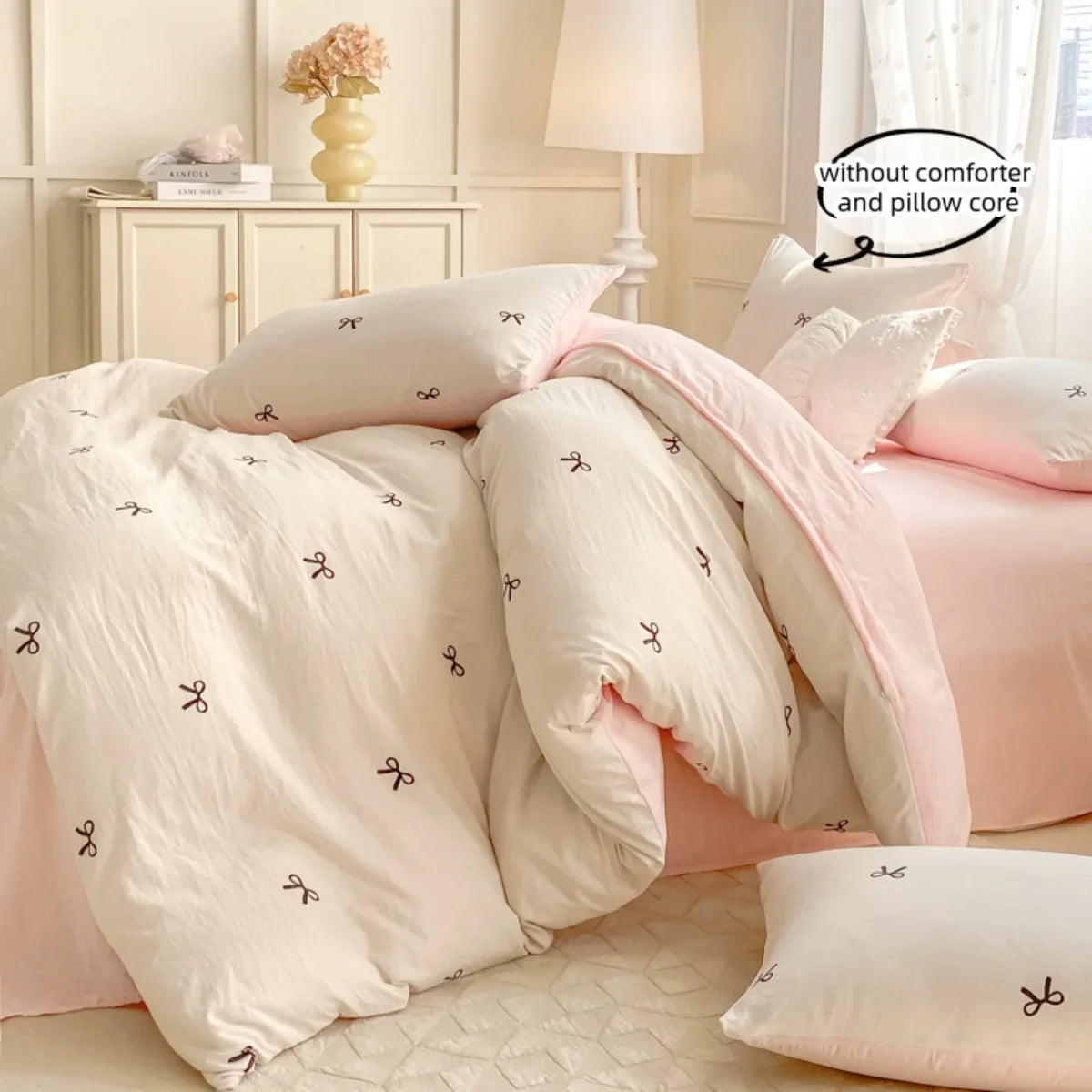3 Piece Sheet Set pink bowknot embroidery duvet cover Set