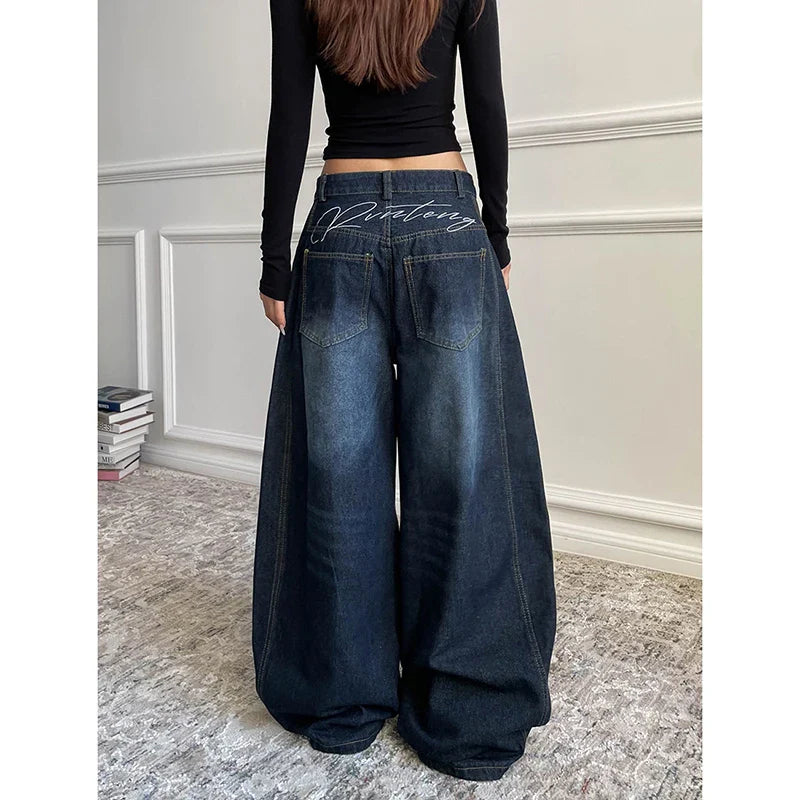 Blue Retro Y2K 2000s Wide Leg Baggy Casual Denim Trouser High Waist Loose Jeans Harajuku Full Length Pants