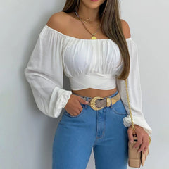 Off Shoulder Shirts Puff Long Sleeve Y2K Crop Tops Clothes Black White Blouse Bandage Elegant Shirt
