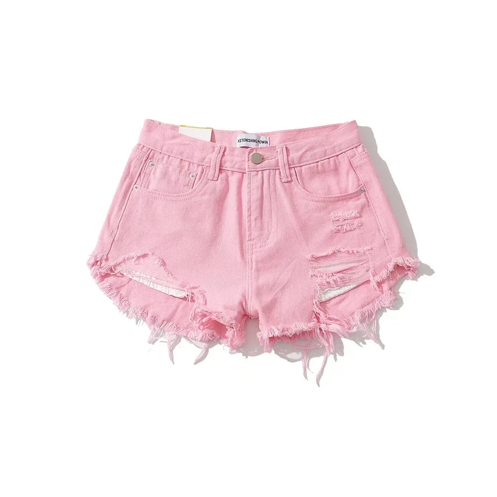 Shorts Denim Washed Jean High Waist Hole Spliced Slim Fit Jeans Casual Pockets Short Straight Pants