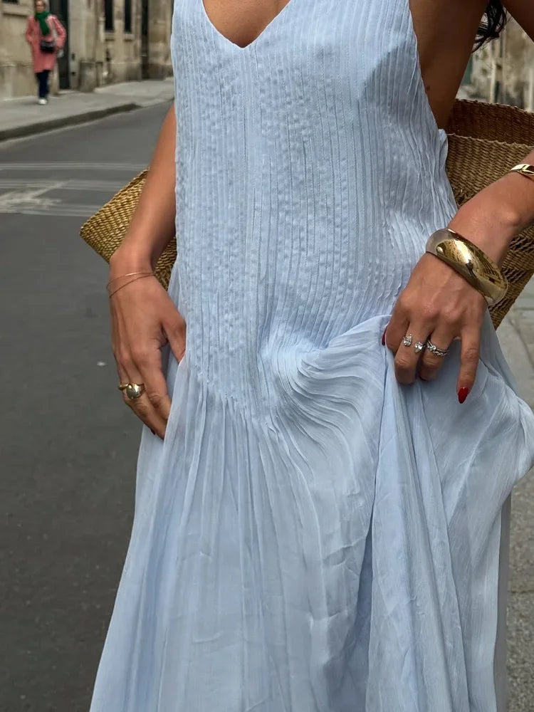 Casual Blue Pleated Sling Long Dress Elegant Sleeveless Backless Off Shoulder Slim Fit Dresses Beach Party Robe