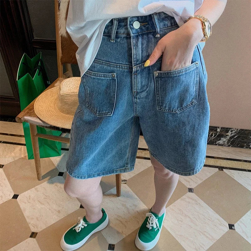 plus Size Denim Wide Leg Shorts Loose Fit Slimming Straight Cut Five-Quarter Trendy Blue Jeans Casual Shorts