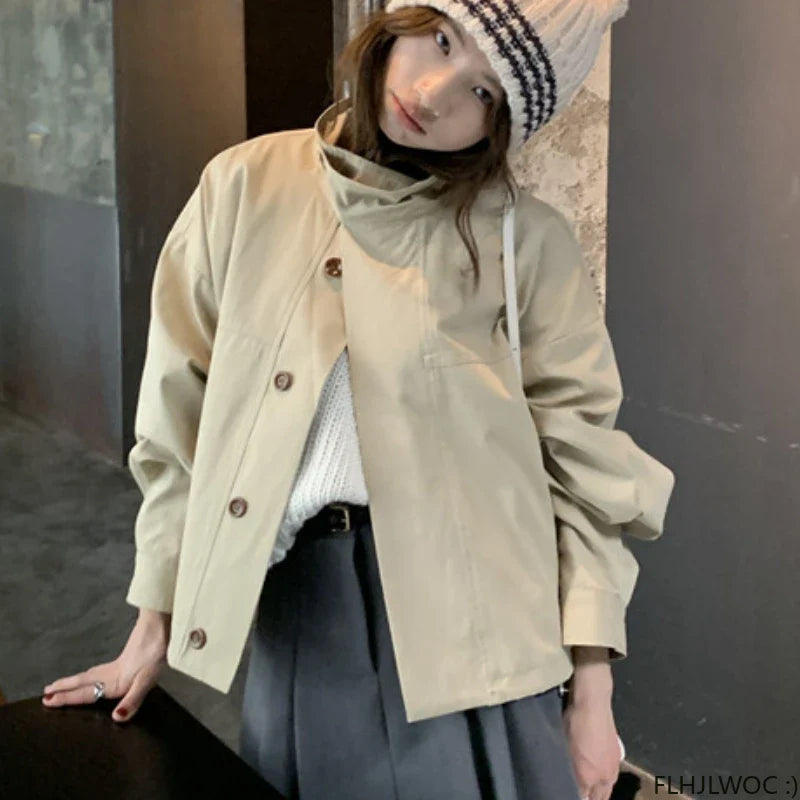 Korea Short Outerwear Casual Loose Lazy Chic Long Sleeve Cotton Blends Windbreaker Coats Thin Thench