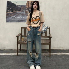 American Vintage Hole Y2k Jeans High Waist Jeans Wide Leg Baggy Loose Straight Hip Hop Streetwear Dragging Denim Pants