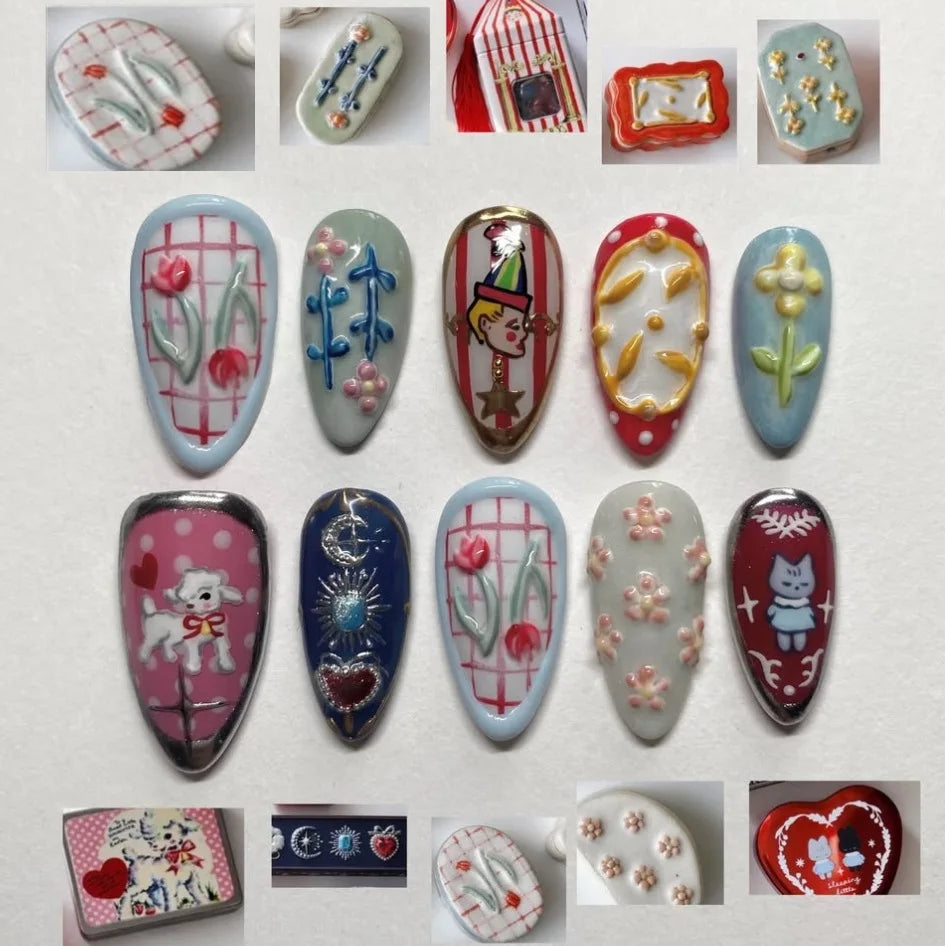 24pcs Flower Print Press on Nails Wine Red Blush Almond False Nail Tips Wearable Reusable Spicy Girl Fake Nails