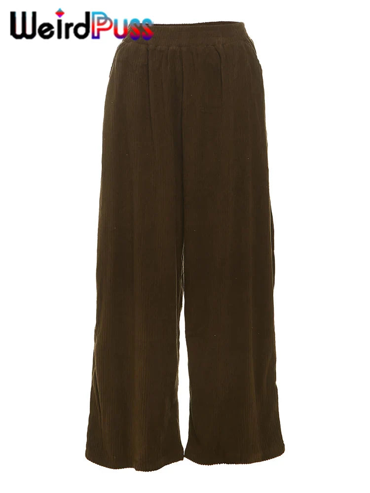 Weird Puss Y2K Casual Wide-Leg Pants Loose Simple Basic Pocket High Waist Trousers Corduroy Streetwear Long Bottoms