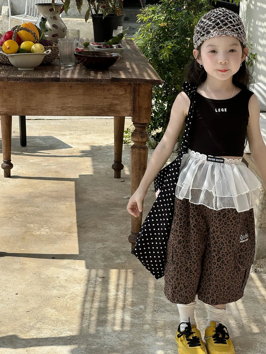 Girl Pants Childrens Clothing Korean Style Girl Baby Retro Leopard Print Wide Leg Cargo Pants Casual Daily
