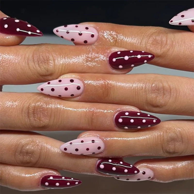 Dark Brown White Polka Dot Wearable Nail Art Fall Chic Fake Nails Detachable Finished False Nails Press on Nails