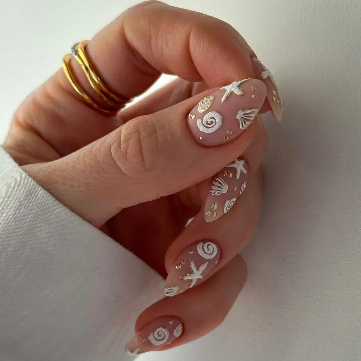 Blue White French 3D Flower Shell Nail Art Beach Almond False Nails Detachable Finished Fake Nails Press on Nails