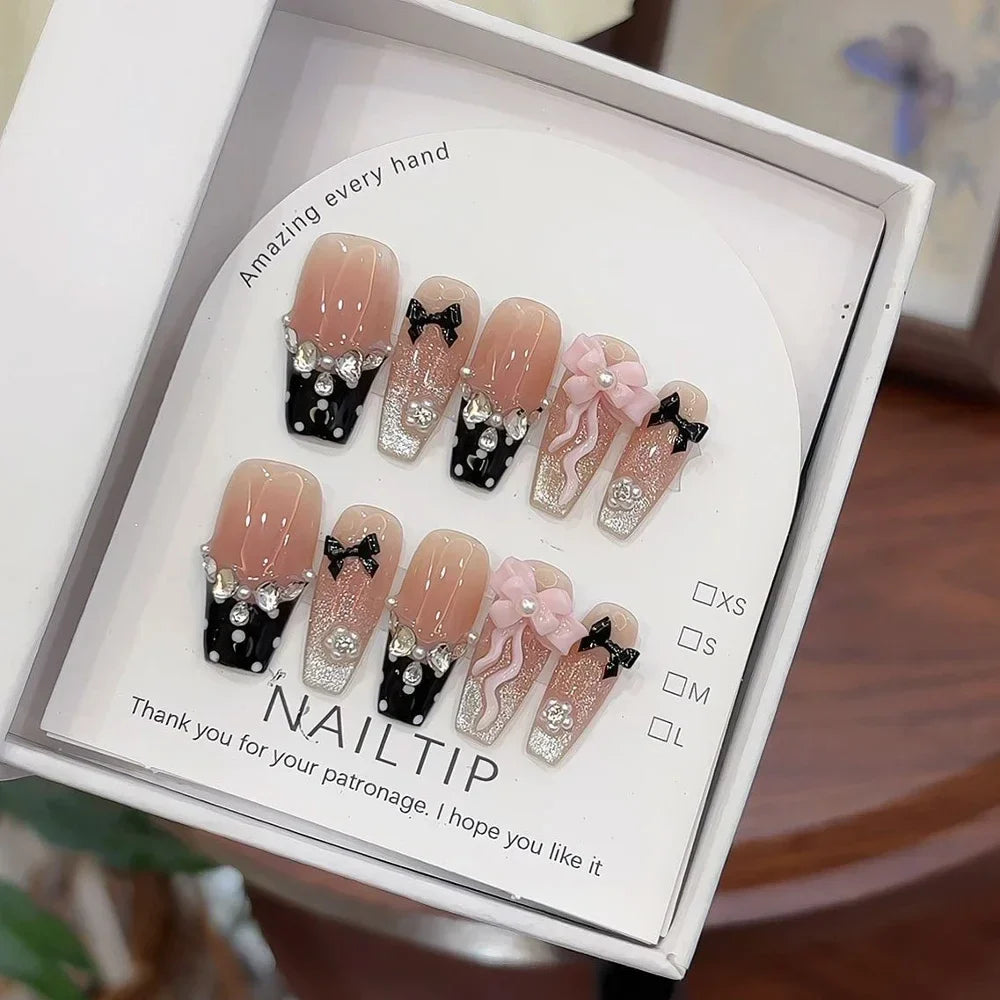10Pcs Handmade Nude Color Press On Nails Sparkling Cat-Eye Cherry Star Marine Elements Sequins Cute Girlish Nail Suitable