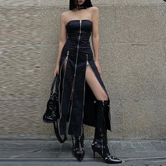 Goth Dark Techwear Zip Up Midi Dresses Cyber Y2k Mall Gothic Split Tube Dress Partywear Punk Off Shoulder Outfits