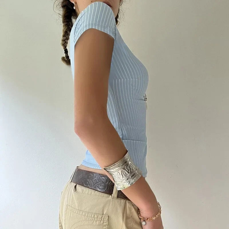 Xingqing Shirt y2k Fairycore Clothes Striped Lapel Collar Single Breasted Short Sleeve Blouse Top 2000s Club Streetwear
