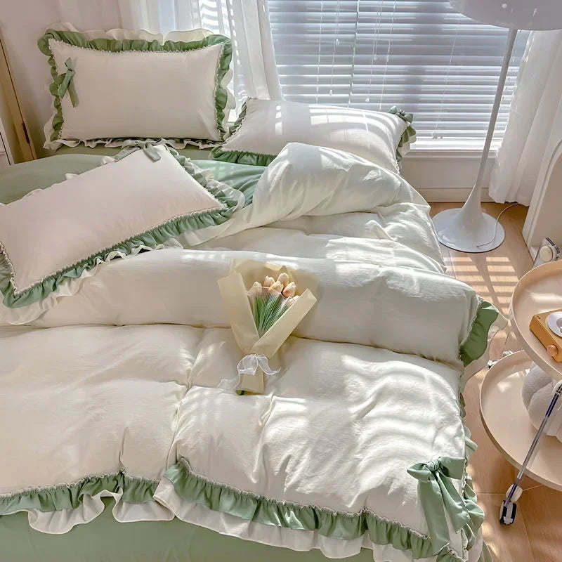 Green Princess Bedding Set Double Layer Lace Bow Quilt Cover Sheet