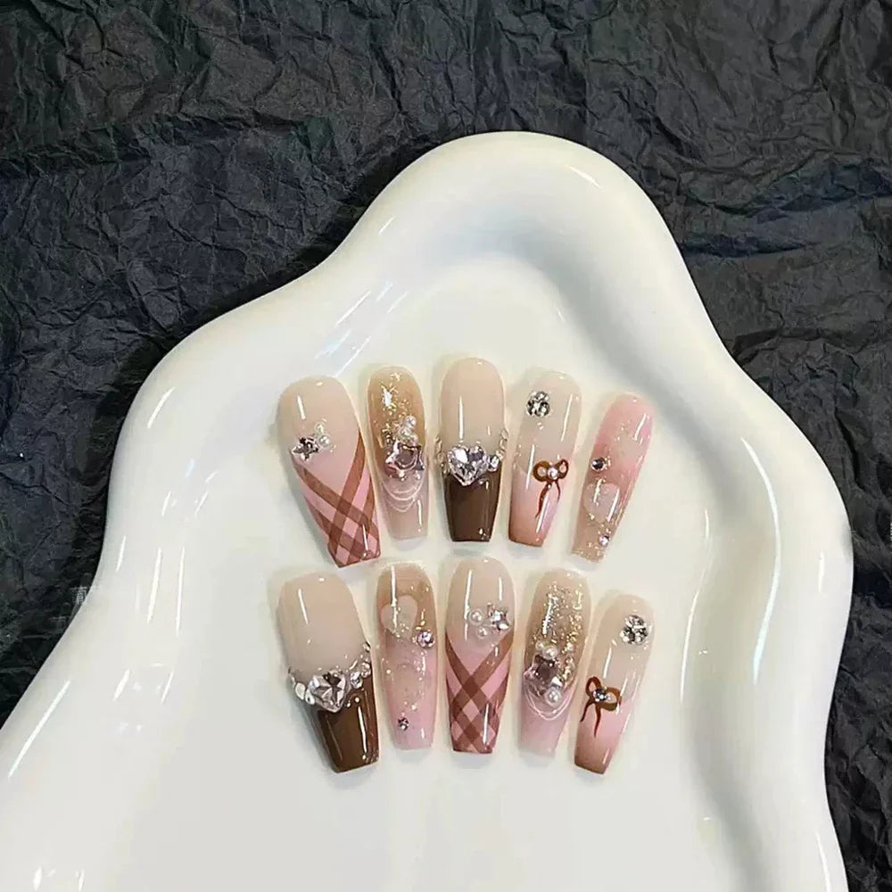 10Pcs Gentle Handwork Press On Nails French Style Flowers Butterfly Rhinestone Pearl Design Detachable False Nails Gift