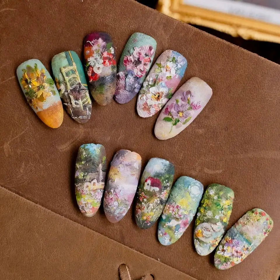 24pcs Flower Print Press on Nails Wine Red Blush Almond False Nail Tips Wearable Reusable Spicy Girl Fake Nails