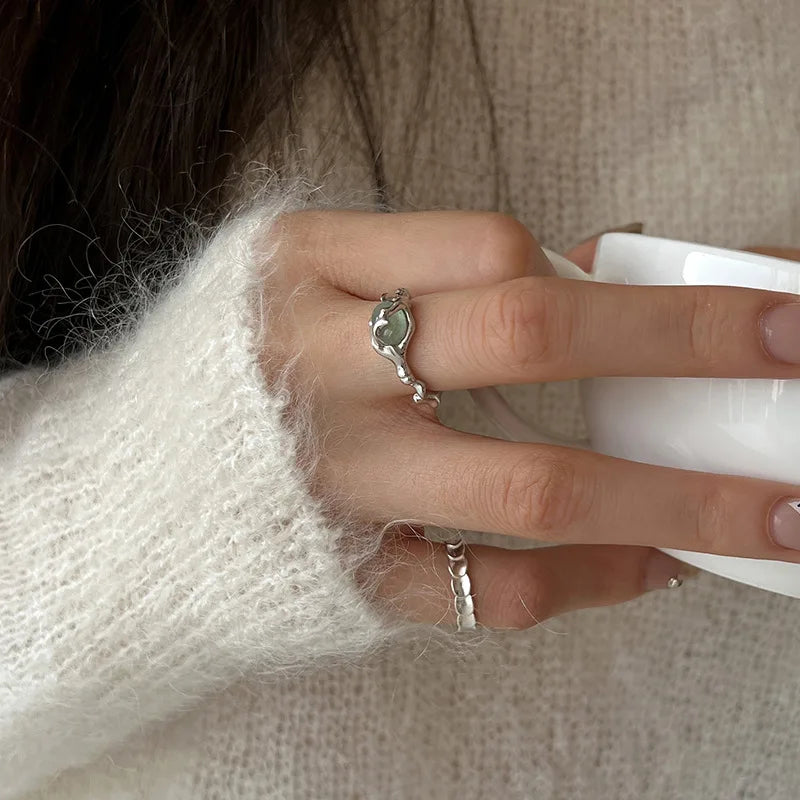 Sterling Silver plated Liquid Lava Hetian Jade Bamboo Ring