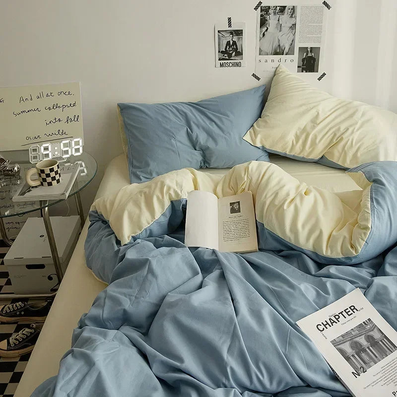 Solid Color Double Washed Cotton Bedding 4 Pieces Set Student Dormitory Bed Linen Duvet Set Bed Suit