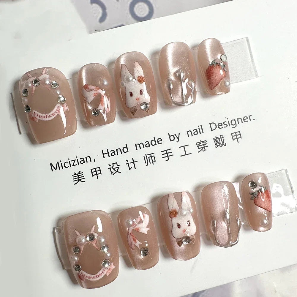 10Pcs Wearable Cat Eyes Series Short Square Press On Nails Kawaii Cartoon Cat Rabbit Rhinestone Gradients Full Cover False Nails