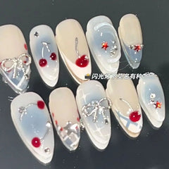 10Pcs Handmade Press on Nails French Almond Full Cover Cherries