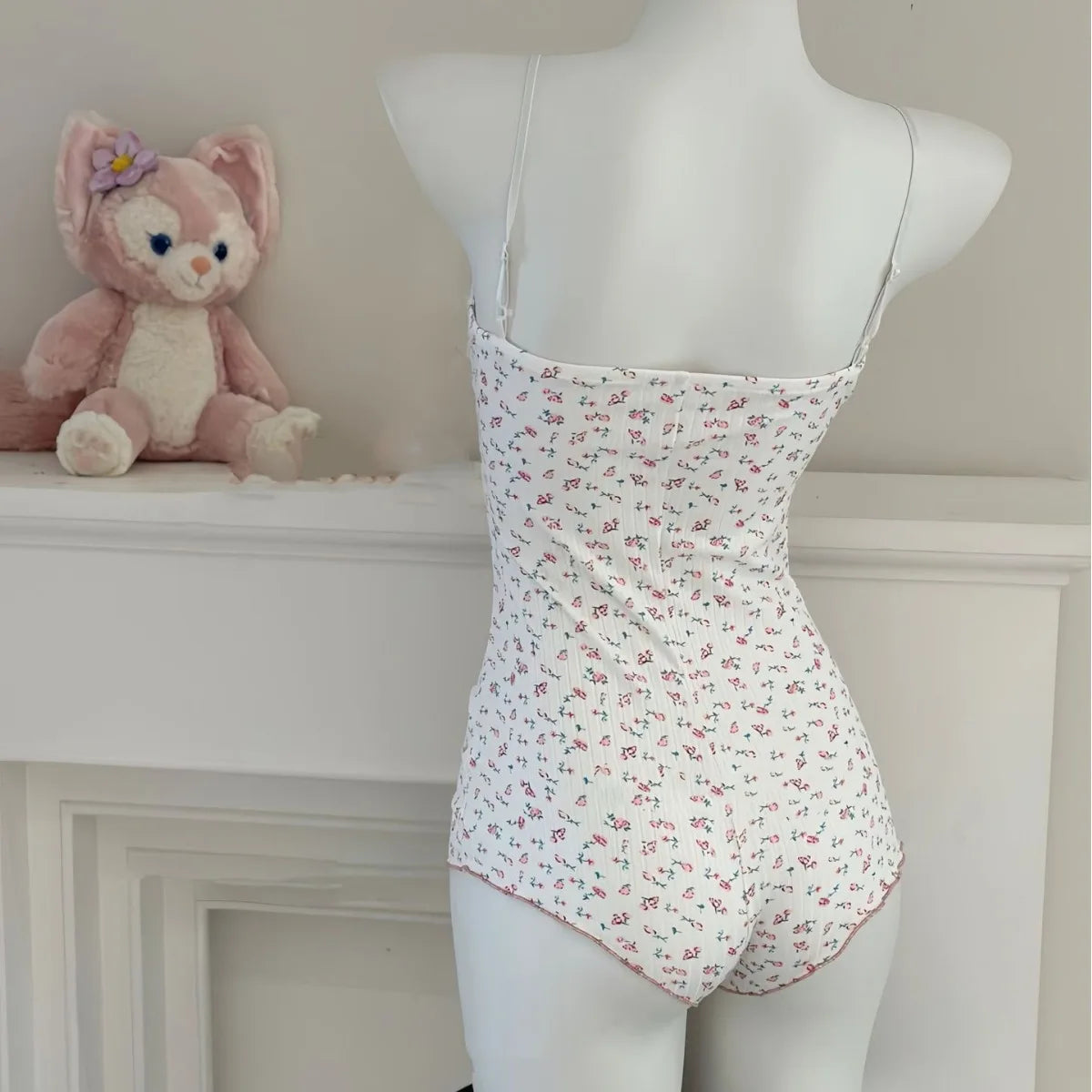 Floral Print Bodysuit Lace Trim Sleeveless Slim Fit Leotard Jumpsuit Romper Underwear Nightwear Lingerie