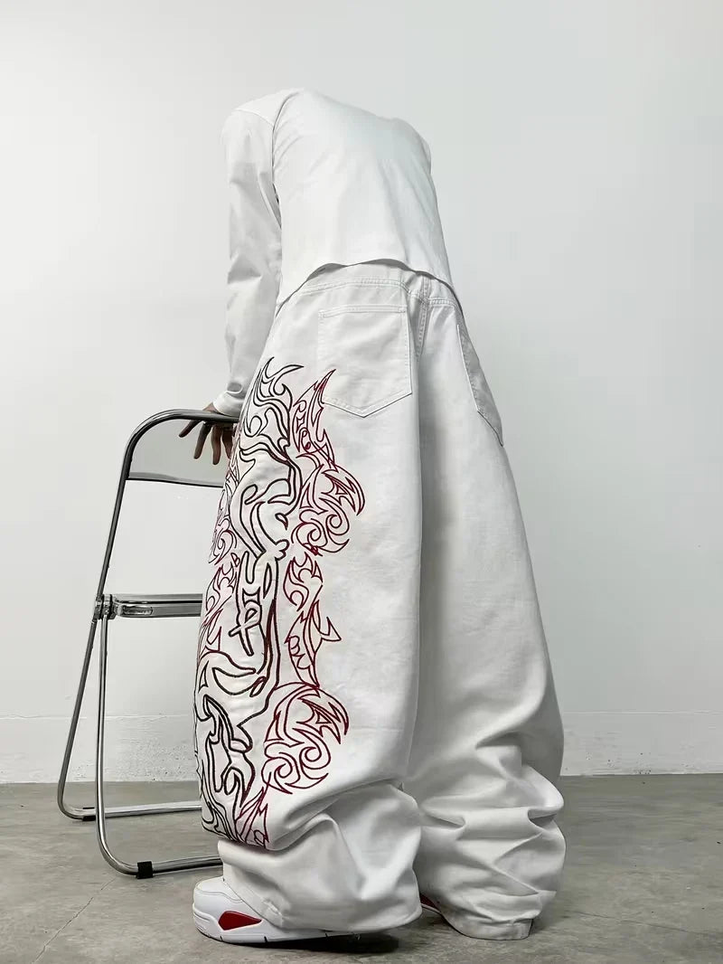 Unisex White Red Tribal Flame Print Loose Wide Leg Jeans Y2K Grunge Streetwear Oversized Denim Pants