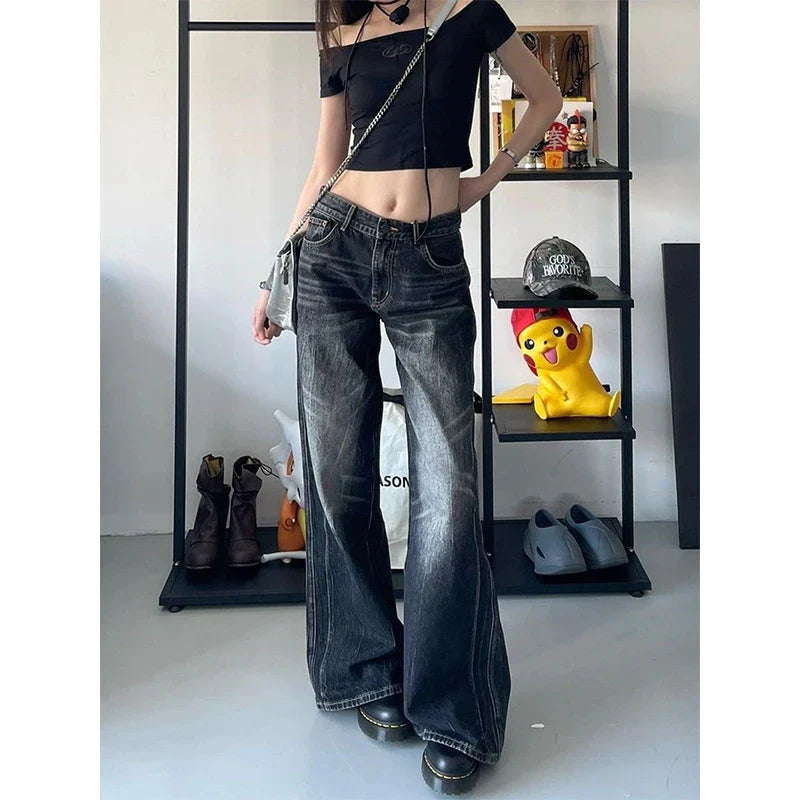Y2K 2000S Grunge Black Jeans Vintage Oversized Wide Leg Denim Pants Harajuku Gothic High Waist Baggy Straight Trousers New