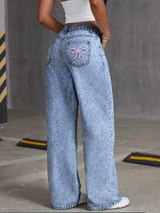 Back Pocket Bow Embroideredable Wide Leg Pants Versatile Washed Denim Trousers