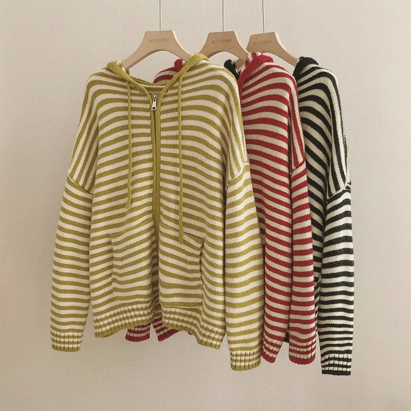 Contrast Color Stripe Hood Knit Cardigan Women