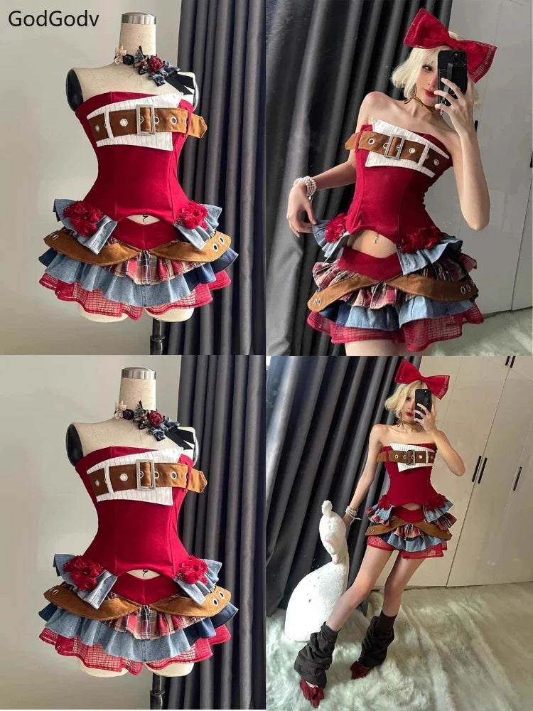 Vintage Elegant Y2K 2 Piece Sets Punk Gothic Strapless Crop Tops +High Waist Ruffle Skirt Party Outfits