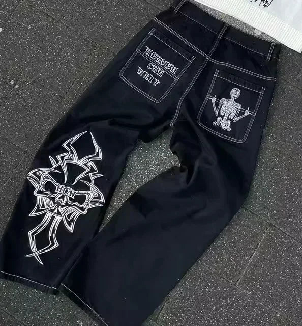 American Y2k Gothic Punk Pocket Embroidered Jeans Harajuku Retro Blue Loose Jeansable High Waist Slimming Wide Leg Pants