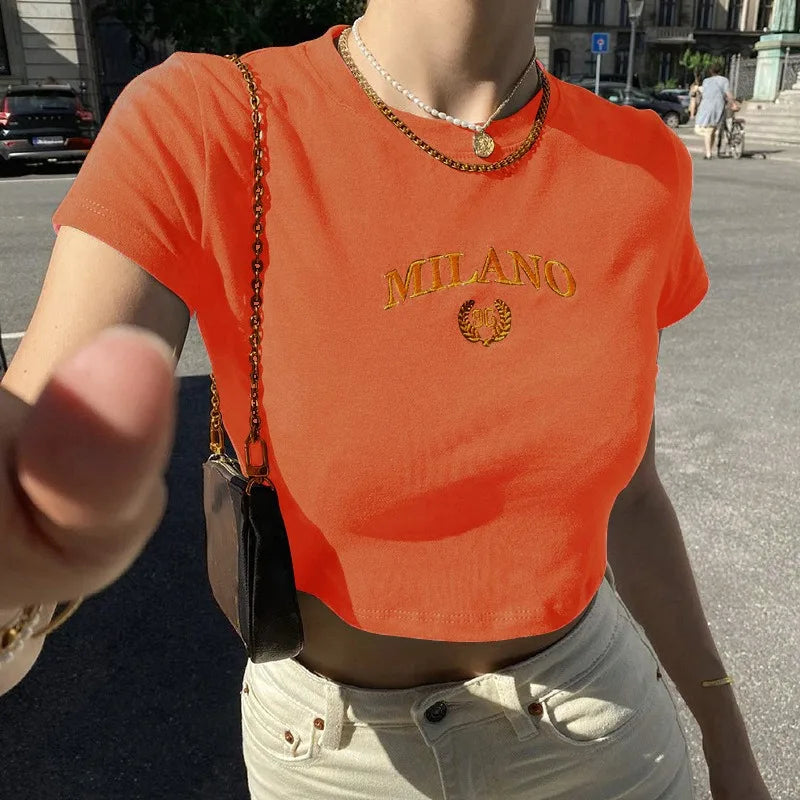 T-shirt Clothese Short Sleeve Black Crop Top Harajuku Letter Embroidery T Shirt O-Neck Cropped Tops