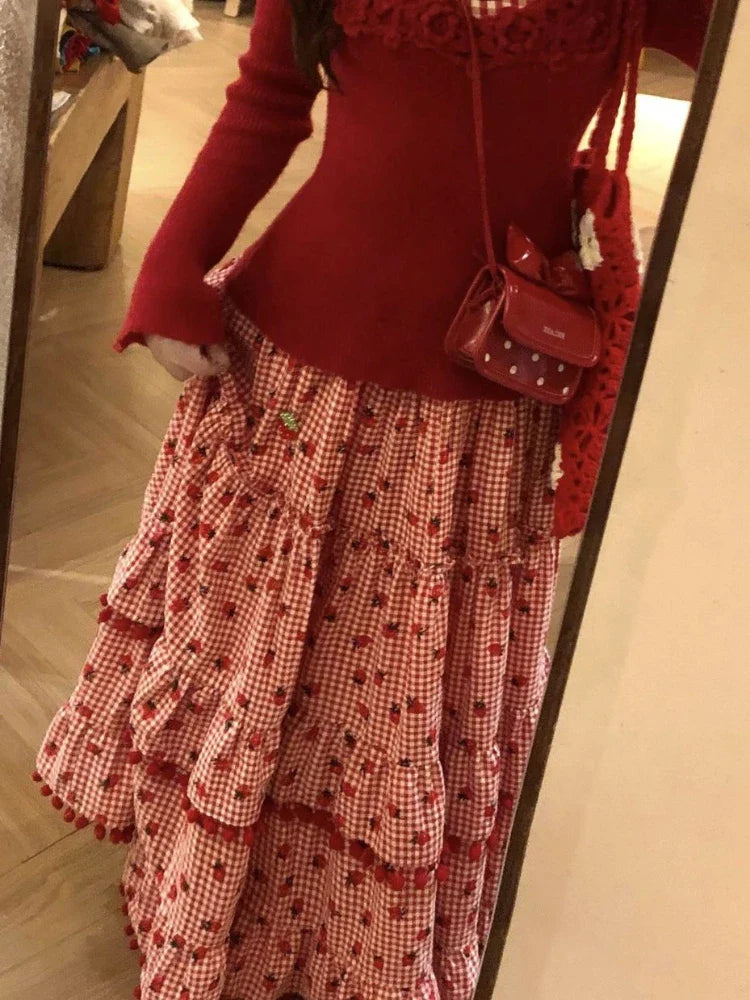 Kawaii Vintage Cute Plaid A-line Skirt Design Chic Elastic Waist Patchwork Skirt Pretty Loose Skirt Y2k