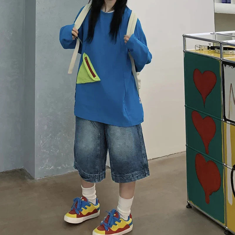 Y2K Vintage Baggy Jean Shorts Washed Wide Leg Capri Pants Casual Barrel Denim Shorts
