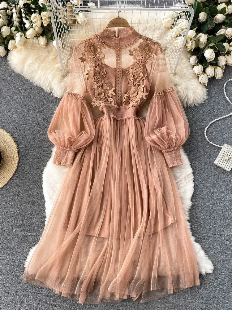 Ladies Dress Three-dimensional Flower Hook Mesh Temperament Stand Collar Lantern Sleeve High Waist Slim Dresses