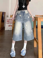 Retro Vintage Loose Wide Leg Jeans Star Print Y2K Harajuku Denim Shorts Casual Streetwear High Waist Washed Pants