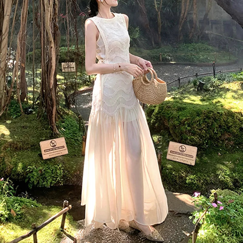 White Sleeveless Waist Skirt High End Dress Temperament Light Luxury Skirt