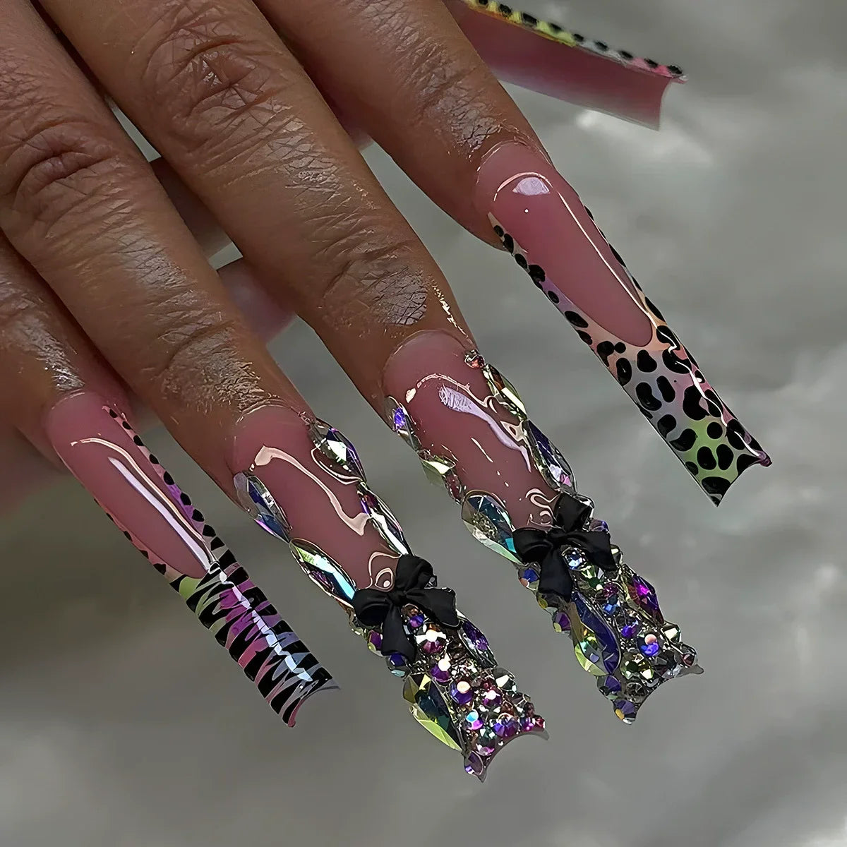 24Pcs Long Coffin Leopard Print False Nails with Glue Sweet Cool Diamond Fake Nail Set Floral French Press on Wearable Nail Tips