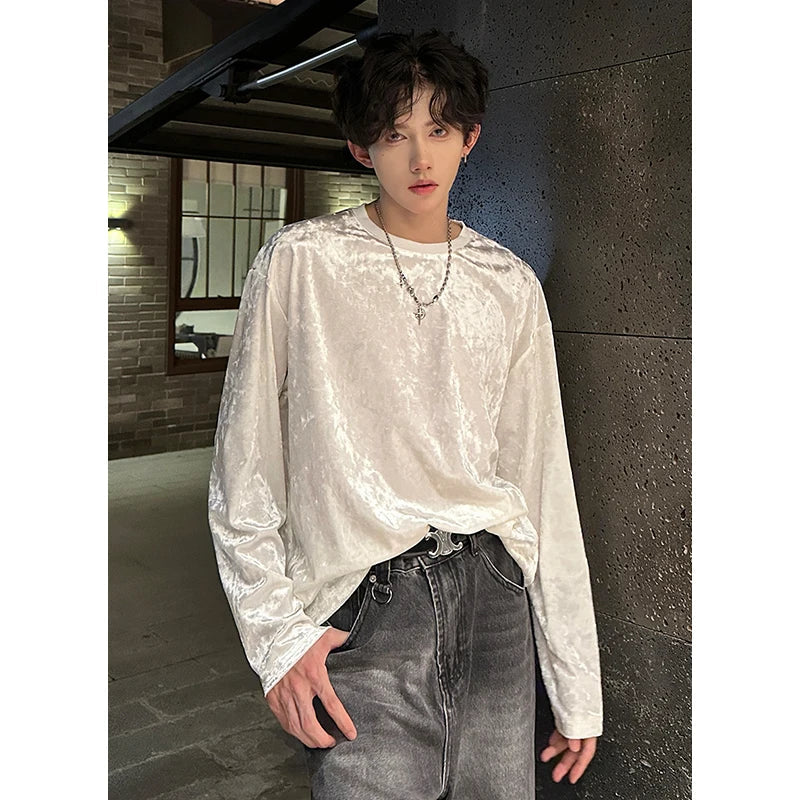 vintage velvet long sleeve t shirt Crew neck hip hop casual tees tops man harajuku velour streetwear camisetas
