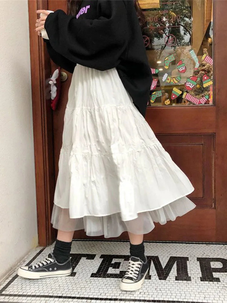 Long Tulle Midi Skirts  Elastic High Waist Mesh Tutu Pleated Skirts Black White Long Skirt Streetwear